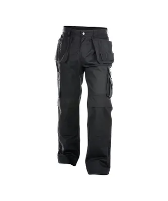 A pair of black work pants with multiple pockets is shown against a white background.