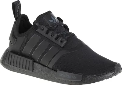 A black Adidas NMD_R1 J sneaker is shown from a side angle against a white background.