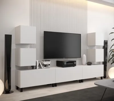 Produktbild von Furnitech Wohnwand Wohnzimmer - Wohnzimmer Möbel mit LED Weiß - Hängend Wohnwand Modern - Wohnzimmer Schrankwand mit Regale und TV Schrank (AN107-21W-M4)