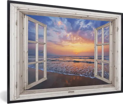 Produktbild von MuchoWow® Gerahmtes Poster Aussicht - Meer - Strand - Sonnenuntergang - Blau 30x20 cm - Poster mit Schwarzem Bilderrahmen Wandposter Rahmen Foto Bilder - Kunstdruck - Bild-Poster