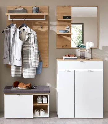 Produktbild von Garderoben Set 4-teilig mit Schuhschrank weiß matt mit Eiche BLISS-36