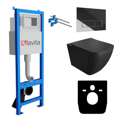 Produktbild von Lavita LAV 101 Vorwandelement für WC 40cm + Wand Hänge Tiefspül WC ONIL Schwarz Spülrandlos + Bedienplatte LAV 200.3.2 Verchromt  | Komplettset | Unterputz Spülkasten | Toilette Komplett Sett