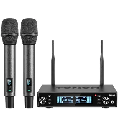 Produktbild von TONOR TW550 Funkmikrofon Set mit Akku – 2x kabellose UHF Mikrofone mit Auto-Scan, LED-Anzeige, 80m Reichweite, USB-C, ideal für Karaoke, DJ, Kirche,