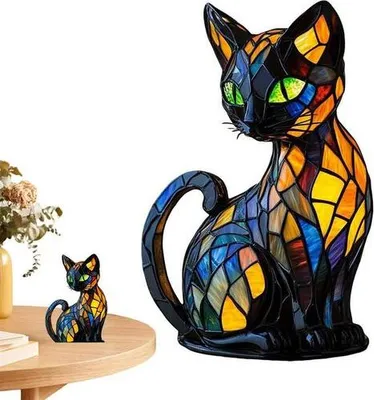 A stained glass cat figurine is shown next to a larger stained glass cat lamp.