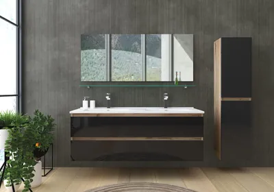 Produktbild von Doppelwaschtisch Schwarz / Eiche Hochglanz Doppel Waschbecken Badmöbel Set 120
