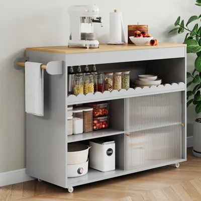 Immagine prodotto di AIORBER Carrello portatutto a isola, pieghevole, con porta asciugamani, ante scorrevoli in vetro temperato, ripiani regolabili, per cucina, 122x46x91cm, grigio