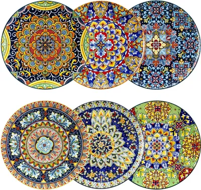 A collage of six decorative plates with intricate, colorful patterns.