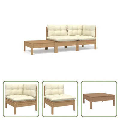 Produktbild von The Living Store 3-tlg. Garten-Lounge-Set mit Creme Kissen Massivholz Kiefer