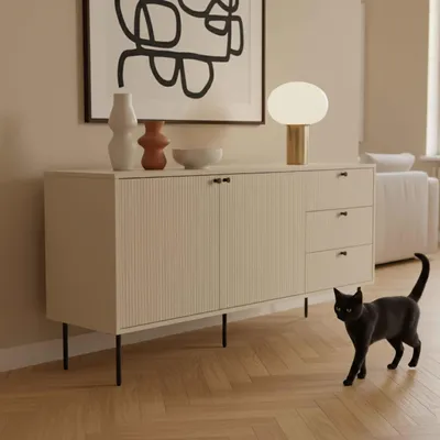 Immagine prodotto di Credenza 2 ante e 3 cassetti decoro melaminico 150 cm beige - Oviala Romeo