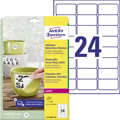 Obrázok produktu pre Avery L4773REV-20, Biela, Zaoblený obdĺžnik, Odnímateľné, 63.5 x 33.9 mm, A4, Polyester
