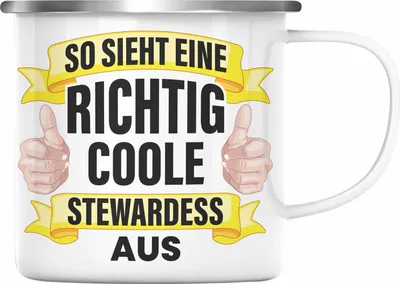 Produktbild von Trendation - Stewardess Emaille Tasse Geschenk für Stewardessin Lustiger Spruch Emaille Emaille Tasse Lustig Flugbegleiterin Sprüche (Silber)