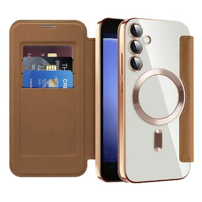 Image de Etui pour Samsung Galaxy S23 FE compatible avec MagSafe, étui transparent avec porte-cartes, étui en cuir avec protection de l'appareil photo Marron