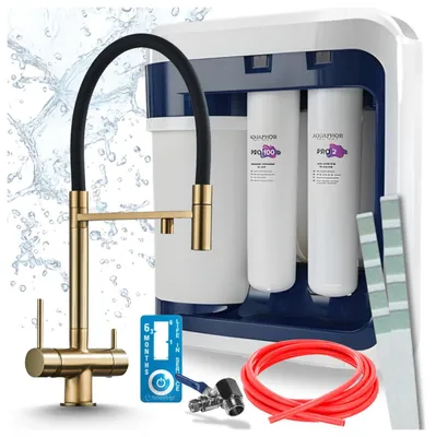 Produktbild von Ari 3-Wege-Küchenarmatur Highflex, Messing, Ausziehbare Spültischarmatur Im Set Mit Aquaphor Ro-202S Pro Wasserfiltersystem
