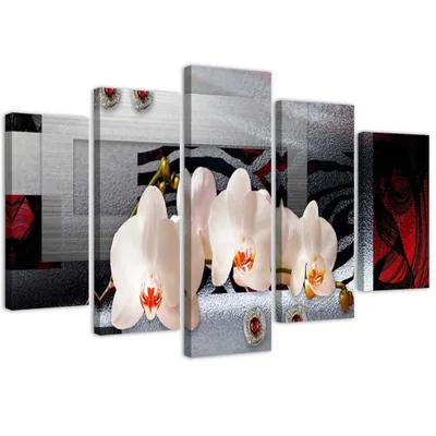 Produktbild von 5-teiliges leinwandbild weiße orchideen 200x100 cm Feeby rot wandbild bereit zum aufhängen