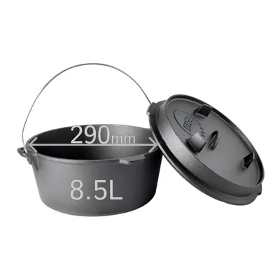 Produktbild von BIOL Dutch Oven 8,5 Liter aus Gusseisen – Eingebrannter Feuertopf mit Deckelheber und Doppelfunktions-Deckel, Für Outdoor & Indoor, Schwarz