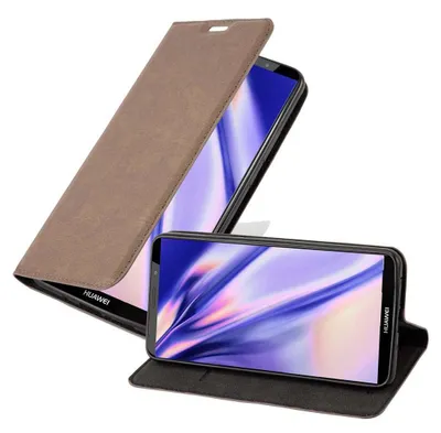 A brown flip case for a Huawei Mate 10 Pro phone, shown open with the phone inside.
