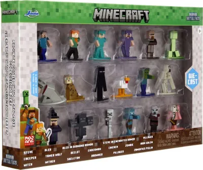 A retail package containing multiple small Minecraft character figurines.