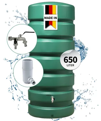 Produktbild von GARANTIA CLASSICO Regentonne Komplett-Set 650 Liter dunkelgrün inkl. Chrom-Doppelauslaufhahn und Fallrohranschluss