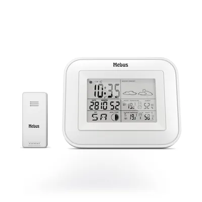 Produktbild von Mebus Funk-Wetterstation mit Außensensor, Komfort-Indikator, Anzeige von Temperatur, Luftfeuchtigkeit (je innen und außen), Wettervorhersage, Mondphasen/Material: Kunststoff/Farbe: Weiß/Modell: 40649