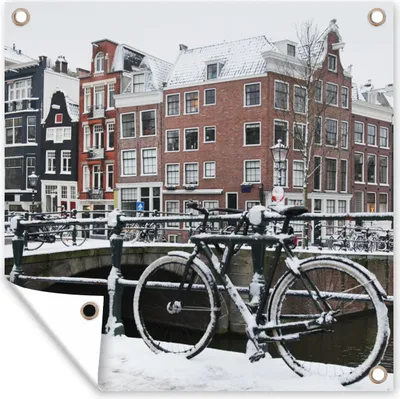 Produktbild von MuchoWow® 50x50 cm Outdoor-Poster Gartendeko Sichtschutz Garten Poster für den Garten  Amsterdam - Fahrrad - Winter