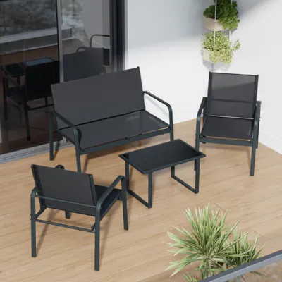 Produktbild von Mondeer Gartenmöbel-Set 4-teilig, Sitzgruppe mit Armlehnen & Glas-Tisch, Wetterbeständig für Balkon Terrasse Schwarz