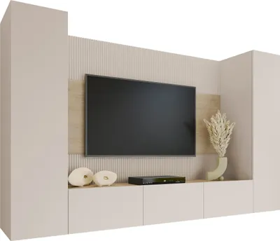 Produktbild von MIRJAN24 Wohnwand Deromi V, Wohnzimmer Möbel Set, Griffloses Öffnungssystem push to open, 4er-Set (Farbe: Sandbeige / Sandbeige + Eiche Cremona)