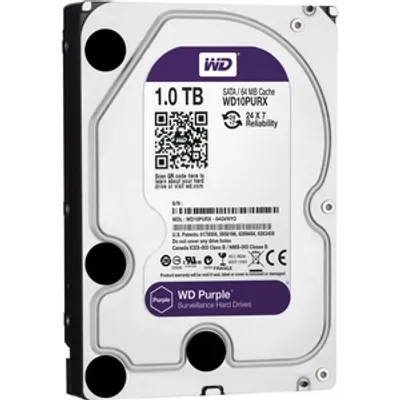 A Western Digital Purple 1TB hard drive is shown from a slightly elevated diagonal angle against a white background.