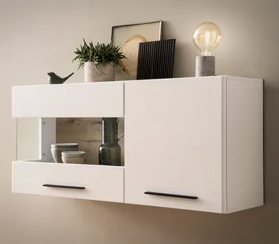 Produktbild von Hängevitrine inkl. Beleuchtung 120 cm breit weiß mit Eiche SUTTON-61
