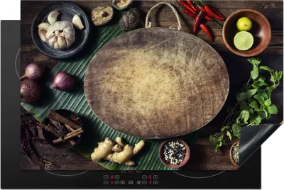 Produktbild von KitchenYeah© Herdabdeckplatte Ein Bild eines Schneidebretts mit rohem Gemüse drum herum , 80x52cm, Küche Deko, Glaskeramikkochfeld Herdabdeckung, Abdeckplatte fùr Kochfeld