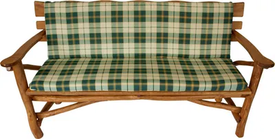 A studio shot of a wooden bench with a green and beige plaid cushion.
