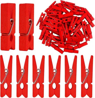 Imagen del producto de Clips de madera para fotografías - Mini abrazaderas para proyectos de manualidades - Clips de madera decorativos - Madera natural - 50 unidades - Rojo