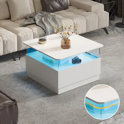 Produktbild von Radelldar Couchtisch mit LED-Beleuchtung Wohnzimmertisch Beistelltisch mit 2 Acryltüren-Schubladen, 78x78x48cm, Weiß