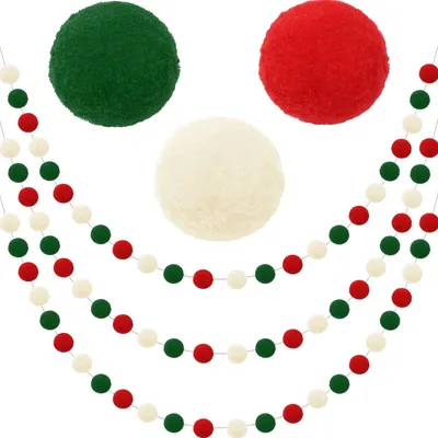 Three garlands of felt balls in red, white, and green, with three larger felt balls in green, red, and cream arranged above them.