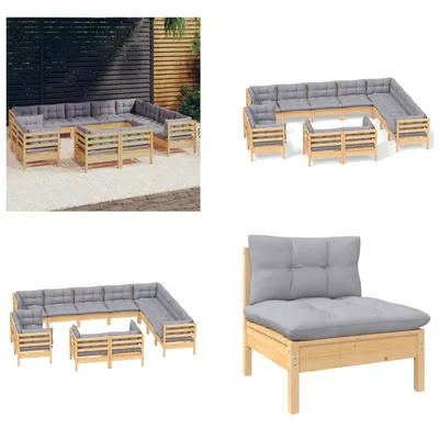 Produktbild von vidaXL 12 tlg. Garten Lounge Set mit Grauen Kissen Massivholz Kiefer - Garten-Lounge-Set - Garten-Lounge-Sets - Gartenmöbel-Set - Gartenmöbel-Sets