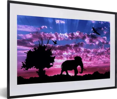 Produktbild von MuchoWow® MuchoWow® Gerahmtes Poster Elefant - Vogel - Baum 60x40 cm - Poster mit zchwarzem Bilderrahmen - Schlafzimmer - Plakat in Rahmen - Drucken
