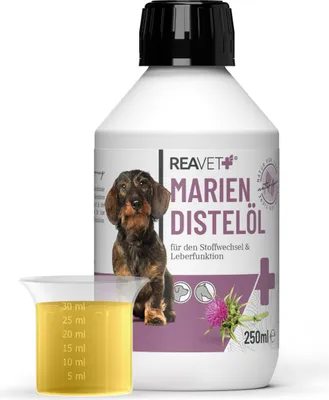 Produktbild von REAVET Mariendistelöl für Hunde & Pferde 250ml – Naturrein in Lebensmittelqualität – Barf Zusatz, Distelöl Hund, Barf Öl Mariendistel-Öl Hund I Reich an Vitamin E, Omega-6, Omega-9