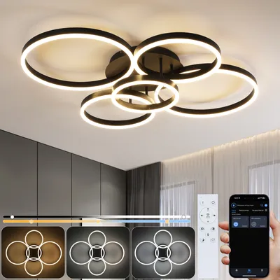 Zdjęcie produktu dla ZMH lampa sufitowa LED lampa sufitowa do salonu lampa do salonu ściemnialna 78W z pilotem 5 pierścieni czarna lampa do sypialni nowoczesne akrylowe oświetlenie sufitowe do biura sypialnia jadalnia