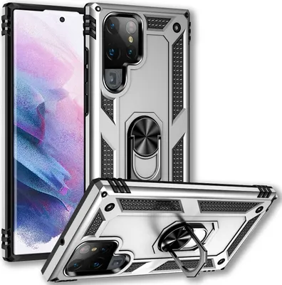 Produktbild von NALIA Military-Style Ringhülle für Samsung Galaxy S22 Ultra, Extrem Schützend Stoßfest, 360° Ring für Aufsteller Silber