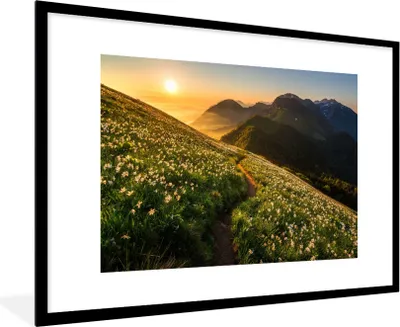 Produktbild von MuchoWow® Gerahmtes Poster Blumen - Sonne - Berge 90x60 cm - Poster mit Schwarzem Bilderrahmen Wandposter Rahmen Foto Bilder - Wanddekoration - Fotos