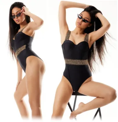 Produktbild von Damen-Badeanzug, gepolstert, Push-up, schwarz, gold, Pin-up, Größe M