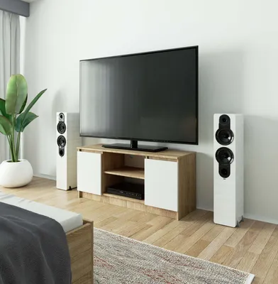 Produktbild von TV Lowboard – TV Schrank – TV Ständer – TV Tisch – 120 cm – Sonoma Eiche / Weiß – Funktionale Medienaufbewahrung mit Klapptüren
