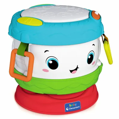 A colorful baby activity drum toy with a smiling face.