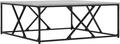A square coffee table with a gray top and a black metal base.