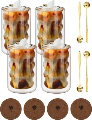 Zdjęcie produktu dla Zestaw 4 szklanek do latte macchiato z łyżeczkami 350 ml - Szklanki do kawy z podwójnymi ściankami i podstawki