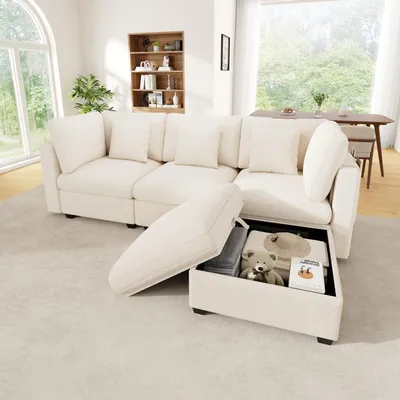 Immagine prodotto di Divano angolare a forma di L, 4 posti, modulare con spazio contenitivo, poggiapiedi, tessuto in chenille con trama waffle, tasche laterali, 3 cuscini, divano per soggiorno, color beige
