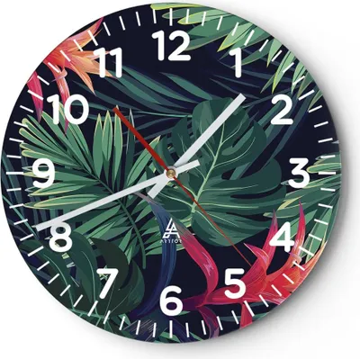 Produktbild von Wanduhr - Rund - Glasuhr - Exotisch Blumen Blätter - 40x40cm - Schleichendes Uhrwerk - Lautlos - zum Aufhängen bereit - Dekoration Modern - Wanddekoration aus Glas - C4AR40x40-4308