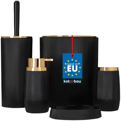 A set of black and gold bathroom accessories arranged on a white background.