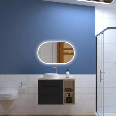 Image de Acezanble Ensemble Meuble Salle de Bain 79X46X52cm, Lavabo + miroir led ovale, Suspendu
