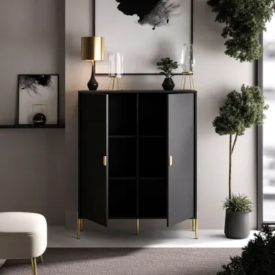 Produktbild von Zweitürige Kommode, schwarz DALIA, Goldene Füße
