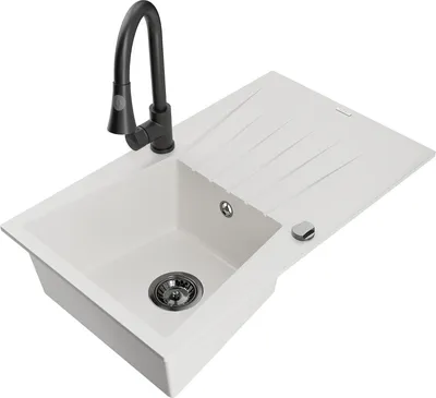Produktbild von Mexen Cesar 1 Becken-Granitspüle mit Abtropffläche und Mischbatterie Elia, Weiß - 6514-20-670101-70